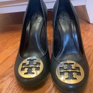 Tory Burch black and gold wedges size 8.5